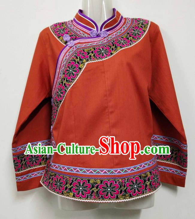 Chinese Guizhou Minority Top Wear Bouyei Nationality Embroidered Jacinth Blouse Ethnic Garment