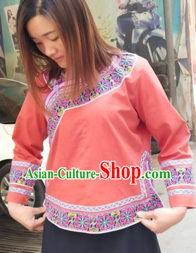Chinese Guizhou Minority Top Wear Bouyei Nationality Embroidered Jacinth Blouse Ethnic Garment