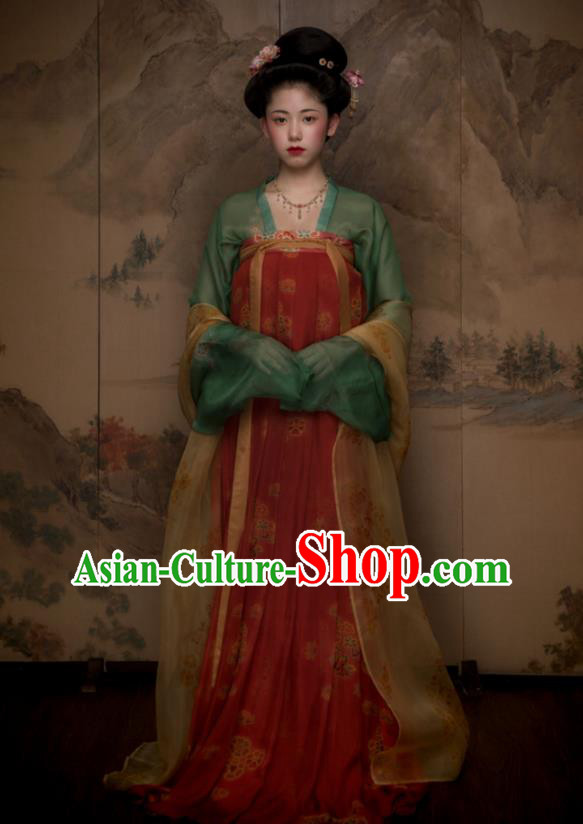 China Ancient Court Woman Red Hanfu Dress Traditional Tang Dynasty Princess Historical Garment Costumes and Handmade Headpieces