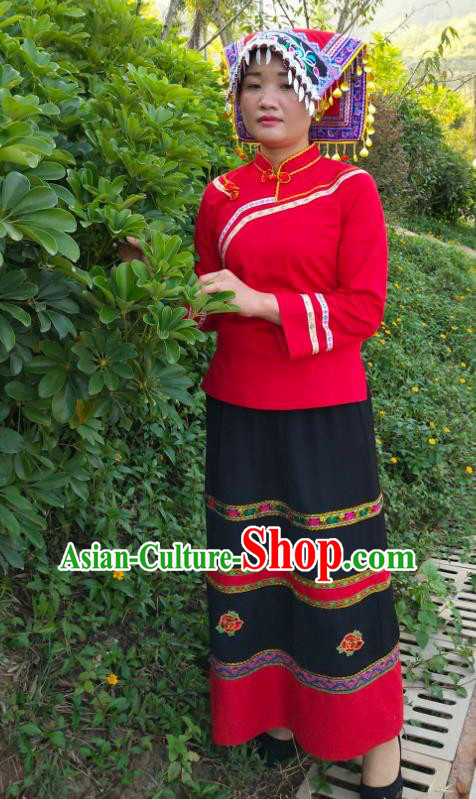Chinese Traditional Guizhou Ethnic Female Suits Clothing Bouyei Nationality Wedding Dress Red Blouse Blouse and Skirt