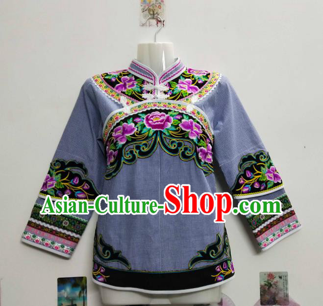 Chinese Bouyei Nationality Female Top Garment Guizhou Ethnic Embroidered Grey Blouse