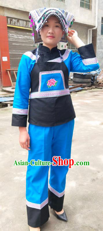 Chinese Traditional Yunnan Ethnic Folk Dance Blue Suits Clothing Bouyei Nationality Blouse and Pants