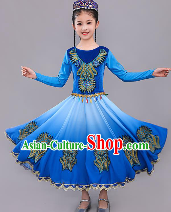 China Uygur Nationality Girls Folk Dance Blue Dress Outfits Traditional Xinjiang Dance Performance Clothing