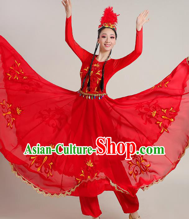 Chinese Xinjiang Dance Red Dress Ethnic Stage Performance Garments Costume Traditional Uygur Nationality Suits