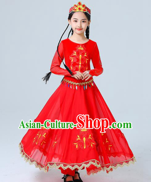 China Uygur Nationality Girls Folk Dance Red Dress Traditional Xinjiang Dance Performance Outfits Clothing