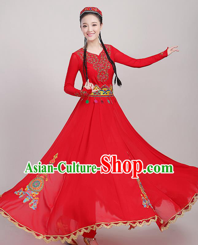 Chinese Xinjiang Dance Red Dress Ethnic Folk Dance Clothing Traditional Uygur Nationality Garments
