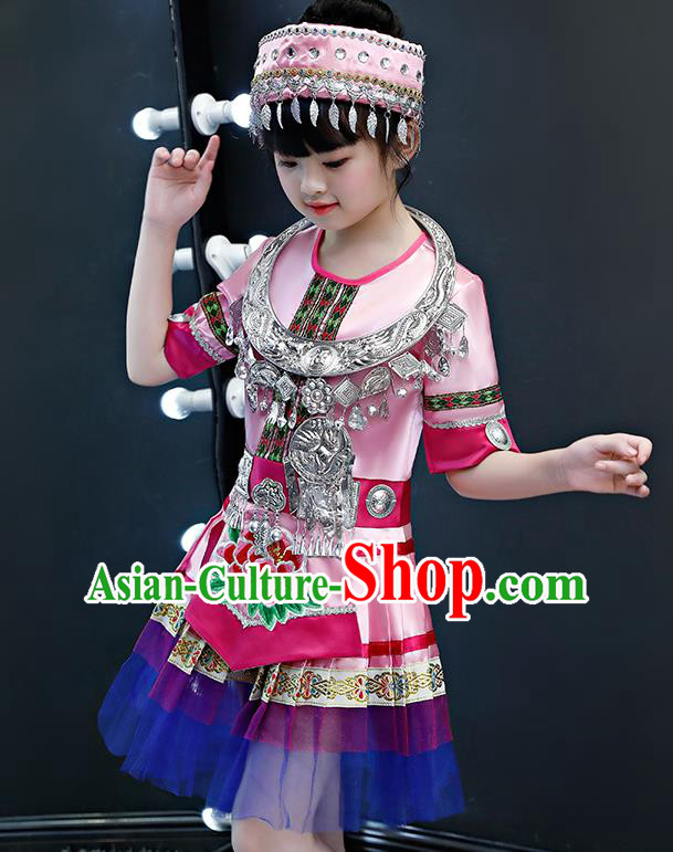 China Miao Nationality Folk Dance Pink Dress Traditional Yao Ethnic Girls Performance Outfits Clothing