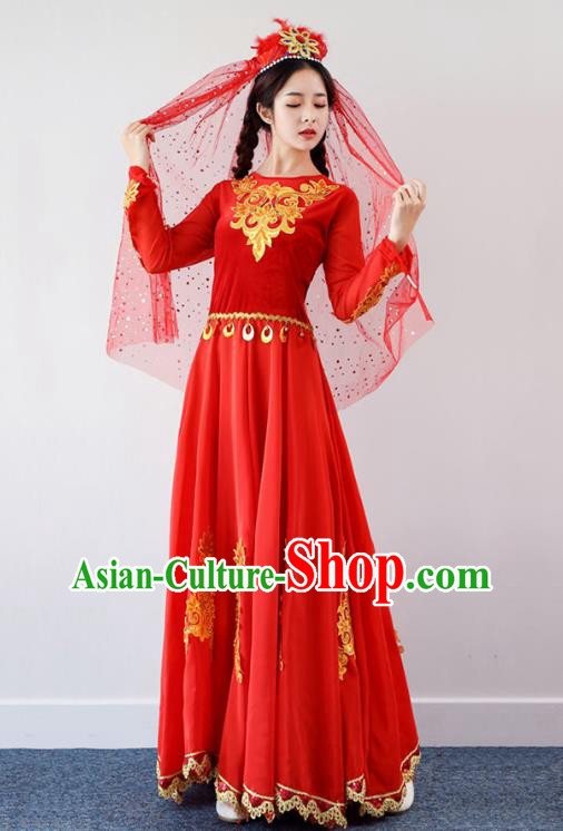 Chinese Traditional Uygur Nationality Garments Xinjiang Dance Red Dress Ethnic Folk Dance Clothing and Hat