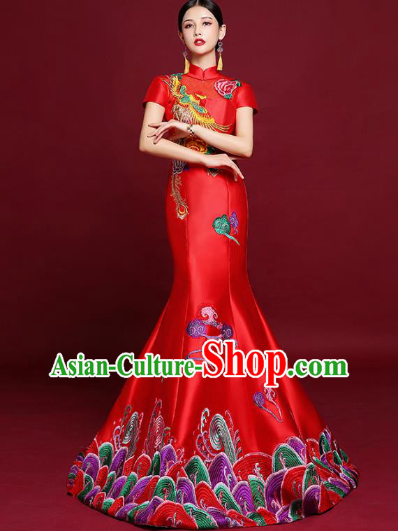 China Catwalks Fashion Modern Cheongsam Clothing Compere Fishtail Qipao Dress Garment Stage Show Red Satin Full Dress