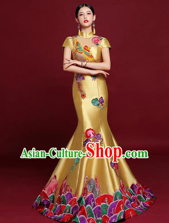 China Stage Show Yellow Satin Full Dress Catwalks Fashion Modern Cheongsam Clothing Compere Fishtail Qipao Dress Garment