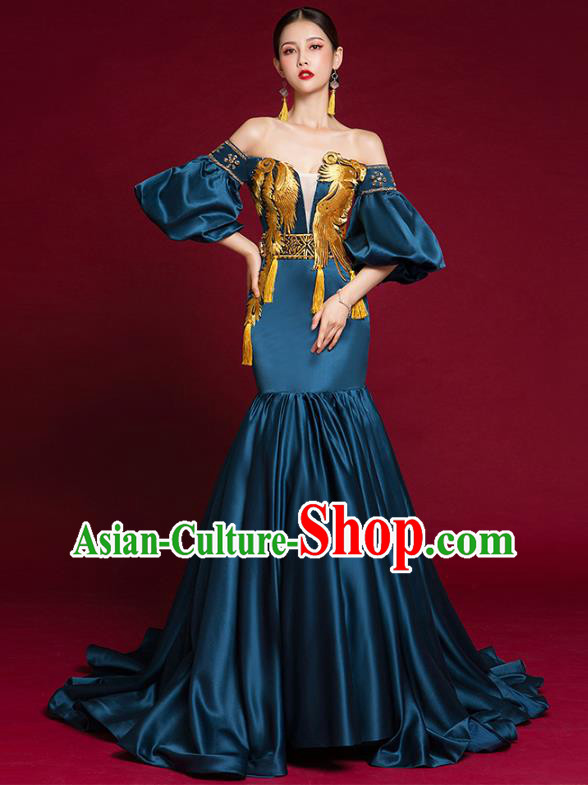 China Compere Navy Trailing Dress Garment Stage Show Embroidered Full Dress Catwalks Fashion Clothing