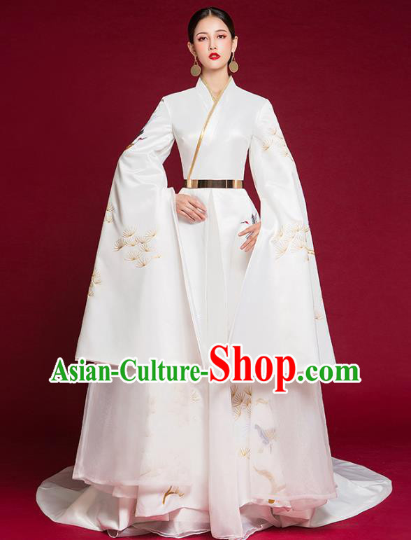 China Stage Show Water Sleeve Full Dress Catwalks Fashion Clothing Compere Embroidered White Dress Garment
