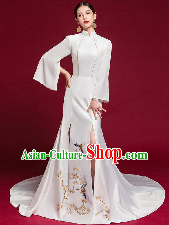 China Compere Qipao Dress Garment Stage Show Trailing Full Dress Catwalks Fashion White Cheongsam Clothing