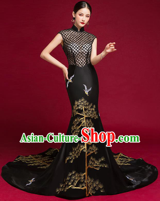 China Compere Cheongsam Dress Garment Stage Show Black Trailing Full Dress Catwalks Fashion Embroidered Clothing