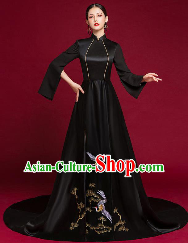 China Embroidered Clothing Compere Cheongsam Dress Garment Stage Show Black Trailing Full Dress Catwalks Fashion