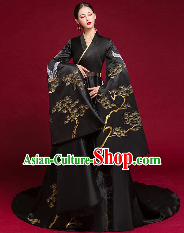 China Catwalks Fashion Clothing Compere Water Sleeve Dress Garment Stage Show Black Trailing Full Dress