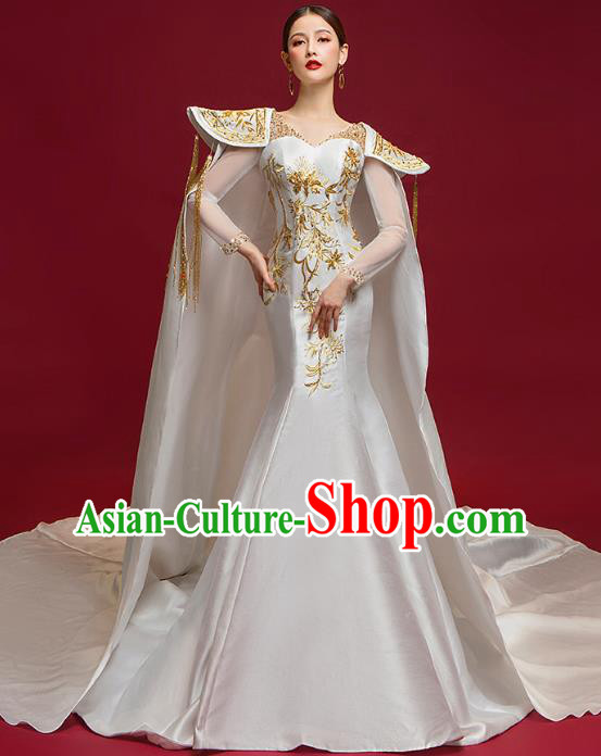 China Compere Embroidered Dress Garment Stage Show Long Trailing Cape Full Dress Catwalks Fashion Clothing