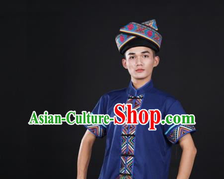 Chinese Traditional Guangxi Ethnic Male Blue Suits Clothing Zhuang Nationality Folk Dance Blue Shirt and Pants