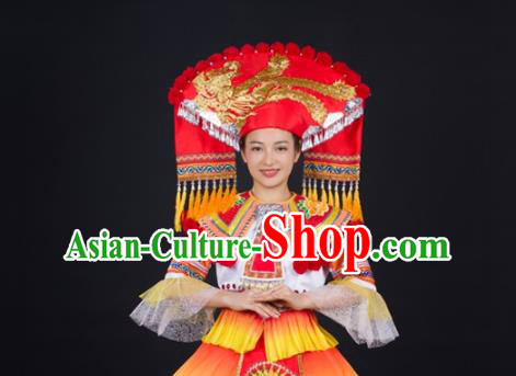 Chinese Traditional Zhuang Nationality Wedding Garments Guangxi Minority Performance Dress Ethnic Folk Dance Clothing and Headdress
