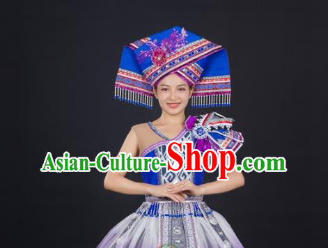 Chinese Ethnic Folk Dance Clothing Traditional Zhuang Nationality Wedding Garments Guangxi Minority Performance Blue Dress and Hat