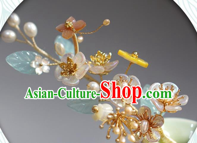 Chinese Ancient Princess Shell Butterfly Flowers Hairpin Traditional Song Dynasty Pearls Hair Stick