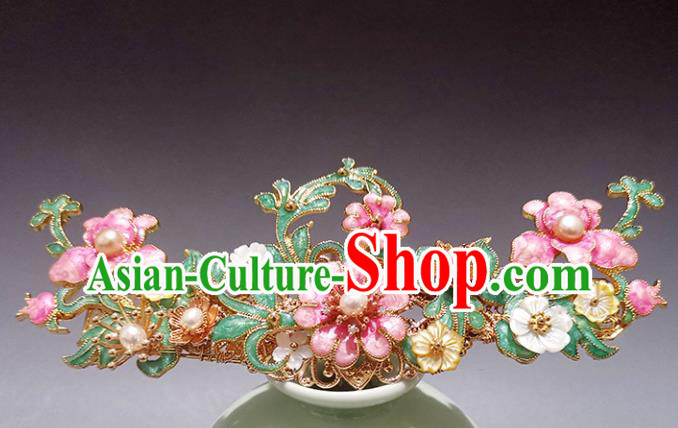 Chinese Ancient Court Lady Pearls Hairpin Traditional Ming Dynasty Enamel Peach Blossom Hair Stick