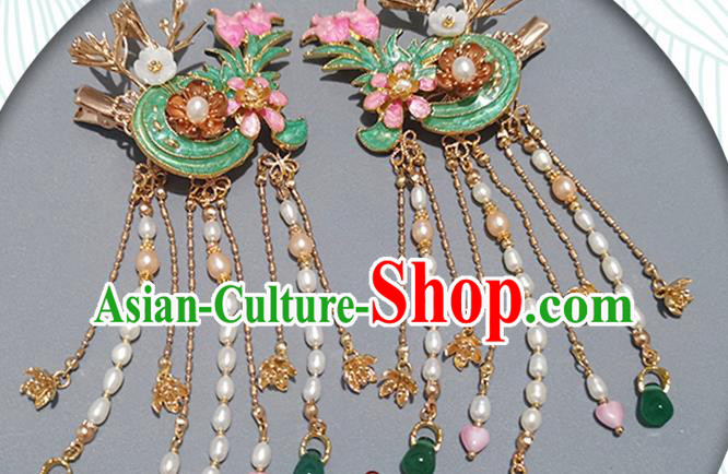Chinese Ancient Young Beauty Enamel Hair Stick Traditional Ming Dynasty Pearls Tassel Hair Claws