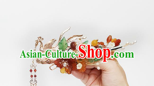 Chinese Ancient Empress Red Peony Hairpin Traditional Song Dynasty Golden Phoenix Tassel Hair Stick