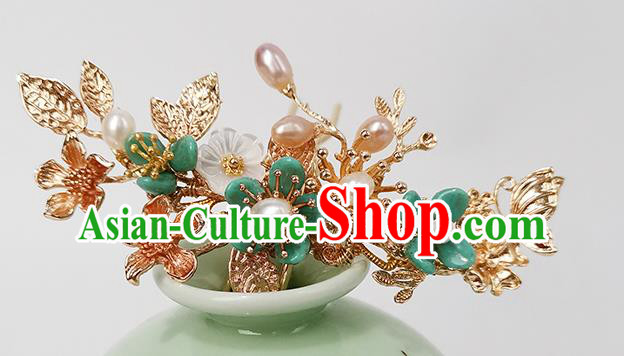 Chinese Ancient Empress Pearls Hairpin Traditional Song Dynasty Green Plum Blossom Hair Stick