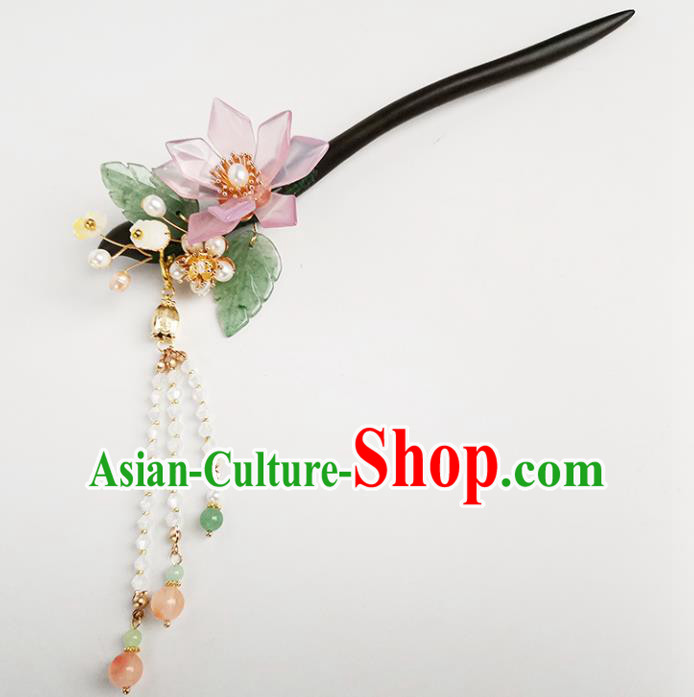 Chinese Ancient Princess Beads Tassel Ebony Hairpin Traditional Song Dynasty Pink Lotus Hair Stick