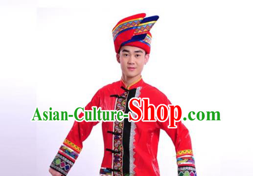 Chinese Traditional Guangxi Ethnic Wedding Male Red Suits Clothing Zhuang Nationality Stage Performance Shirt and Pants