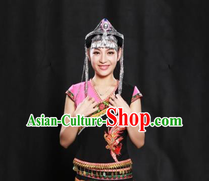 Chinese Traditional She Nationality Suits Guangxi Minority Short Dress Ethnic Folk Dance Garment Clothing and Hair Accessories