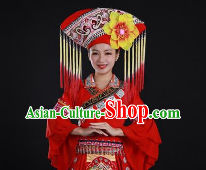 Chinese Ethnic Festival Garment Clothing Traditional Zhuang Nationality Red Suits Guangxi Minority Wedding Dress and Headwear