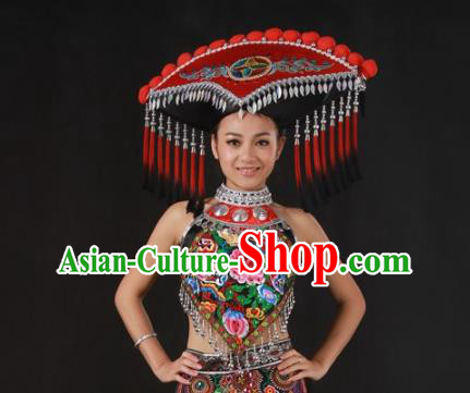Chinese Guangxi Minority Dress Ethnic Dance Garment Clothing Traditional Zhuang Nationality Performance Suits and Tassel Hat