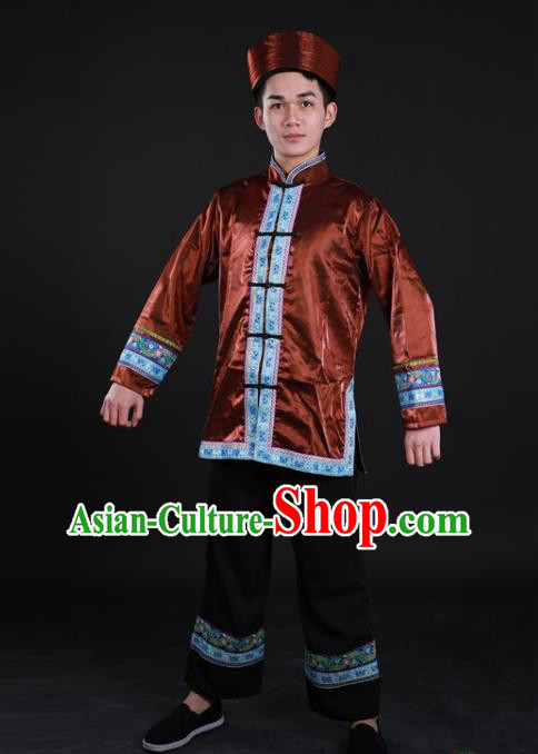 Chinese Traditional Miao Ethnic Male Brown Suits Clothing Hmong Nationality Folk Dance Shirt and Pants