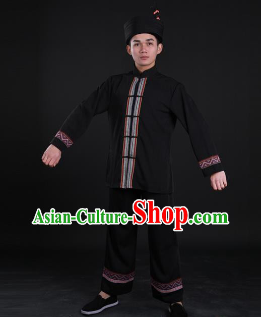 Chinese Hmong Nationality Folk Dance Shirt and Pants Traditional Miao Ethnic Male Black Suits Clothing