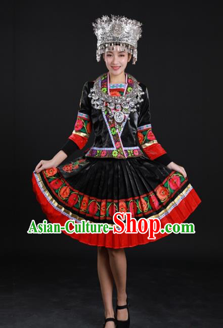 Chinese Ethnic Dance Garment Clothing Traditional Miao Nationality Black Suits Xiangxi Minority Performance Short Dress and Silver Hat
