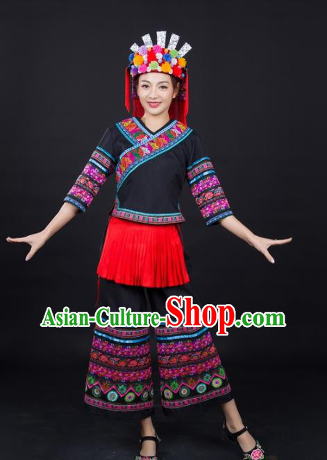 Chinese Xiangxi Minority Performance Black Suits Ethnic Folk Dance Clothing Traditional Yao Nationality Female Garments and Hat