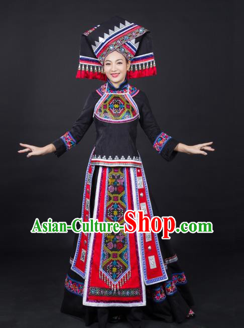 Chinese Zhuang Nationality Dance Garments Guangxi Minority Stage Performance Black Dress Traditional Ethnic Clothing and Headwear