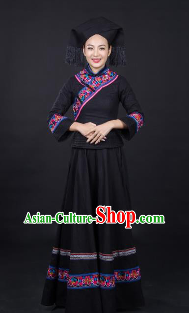 Chinese Traditional Ethnic Clothing Zhuang Nationality Female Garments Guangxi Minority Folk Dance Black Dress and Hat