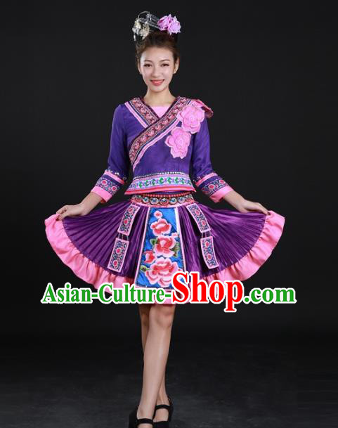 Chinese Traditional Miao Nationality Dance Purple Suits Xiangxi Minority Dress Ethnic Performance Garment Clothing and Headpieces