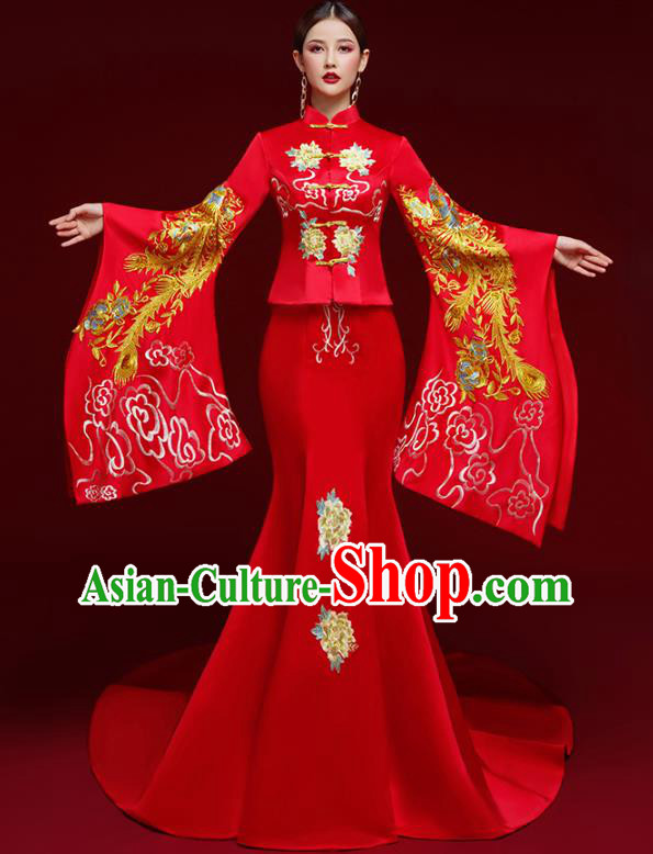 China Wedding Embroidered Red Trailing Full Dress Stage Show Clothing Catwalks Bride Cheongsam Garment