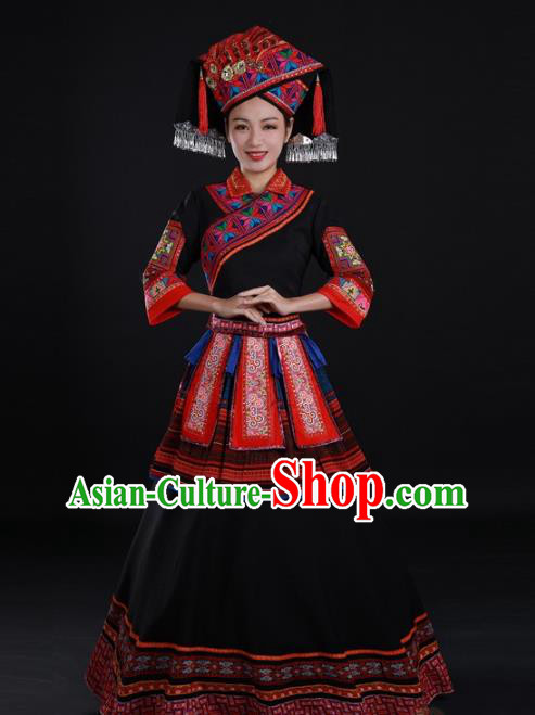 Chinese Guangxi Minority Black Dress Ethnic Performance Clothing Traditional Zhuang Nationality Dance Garments and Hat