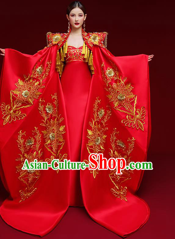 China Wedding Red Trailing Full Dress Stage Show Cape Clothing Catwalks Queen Embroidered Garment