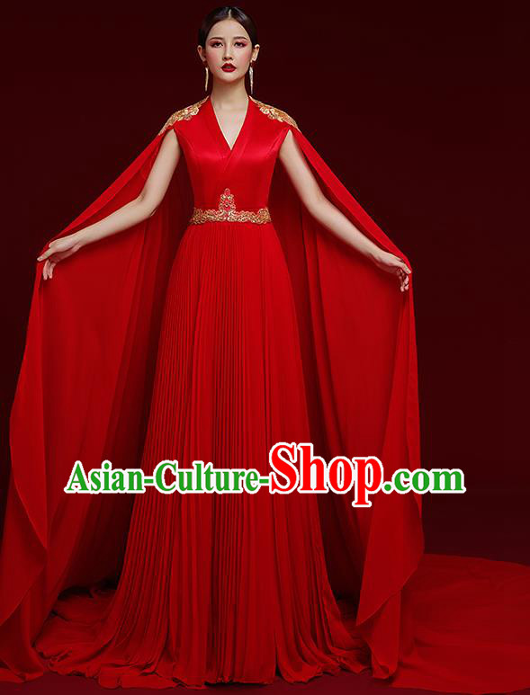 China Catwalks Embroidered Dress Garment Compere Red Trailing Cape Full Dress Stage Show Clothing