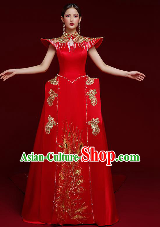China Bride Wedding Dress Garment Compere Red Full Dress Stage Show Embroidered Cheongsam Clothing