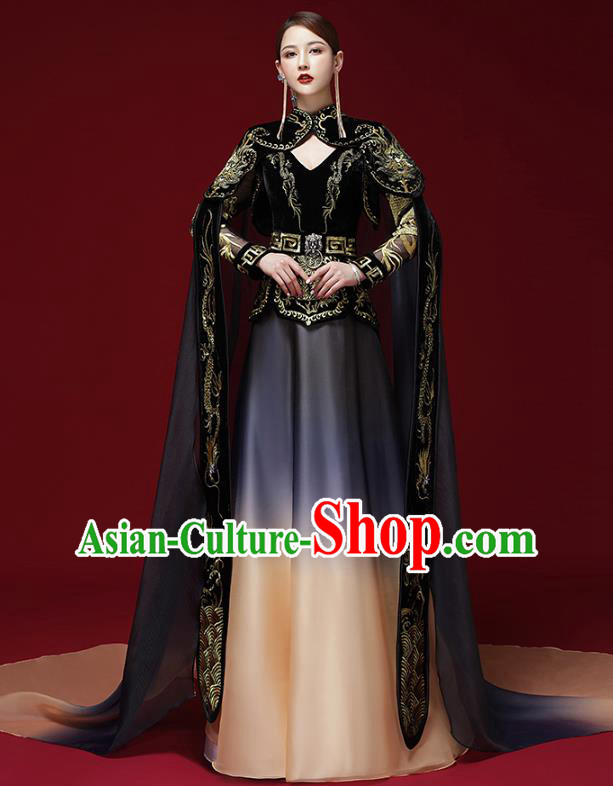 China Stage Show Embroidered Clothing Catwalks Dress Garment Compere Black Trailing Cape Full Dress