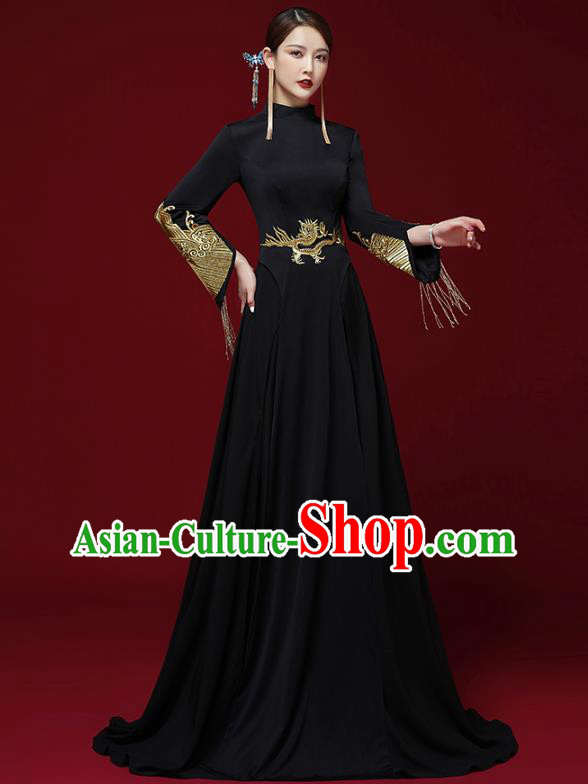 China Stage Show Embroidered Cheongsam Clothing Catwalks Dress Garment Compere Black Full Dress