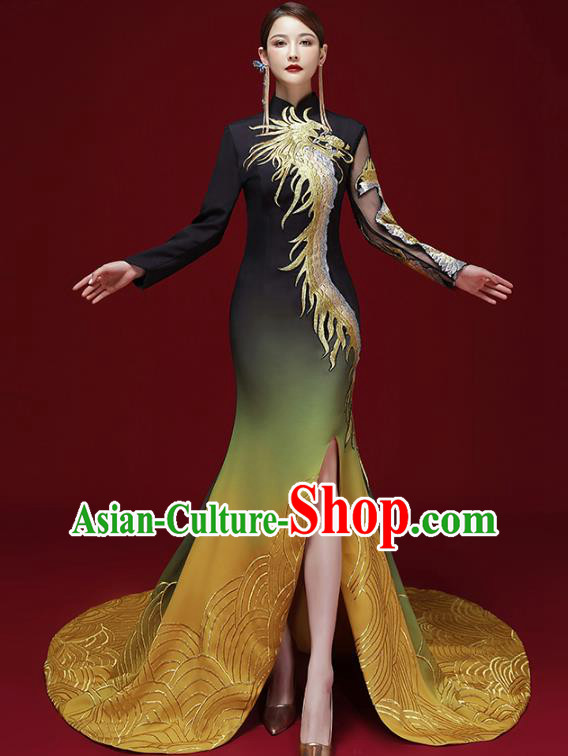 China Compere Trailing Full Dress Stage Show Cheongsam Clothing Catwalks Dress Embroidered Dragon Garment