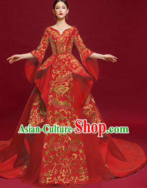 China Catwalks Full Dress Embroidered Garment Compere Trailing Dress Stage Show Wedding Clothing